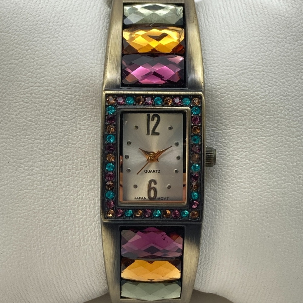 Modern Women's Watch Brass Tone Cuff Rainbow Crystals Purple New Battery 6.5"